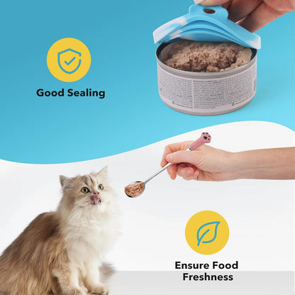 Comtim 5 PCS Pet Food Can Lids & Spoons Set - Silicone Dog Cat Covers With Multi-Function Spatula Opener for Wet Food - Long Handle Easy to Scoop
