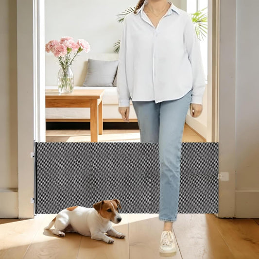 17" Step Over Retractable Dog Gate, No-Drill Pet Barrier for Doorways & Stairs, Easy Human Access & Pet Containment, Adjustable Small Dog Gate for Indoor Use