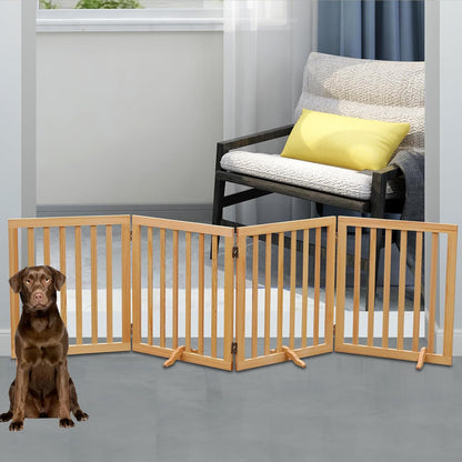 Wooden Foldable Dog Gate Freestanding 4 Panels Puppy Safety Fence 80.9" W x 23.6" H Indoor Pet Barrier for Stairs Hallways Doorways Brown