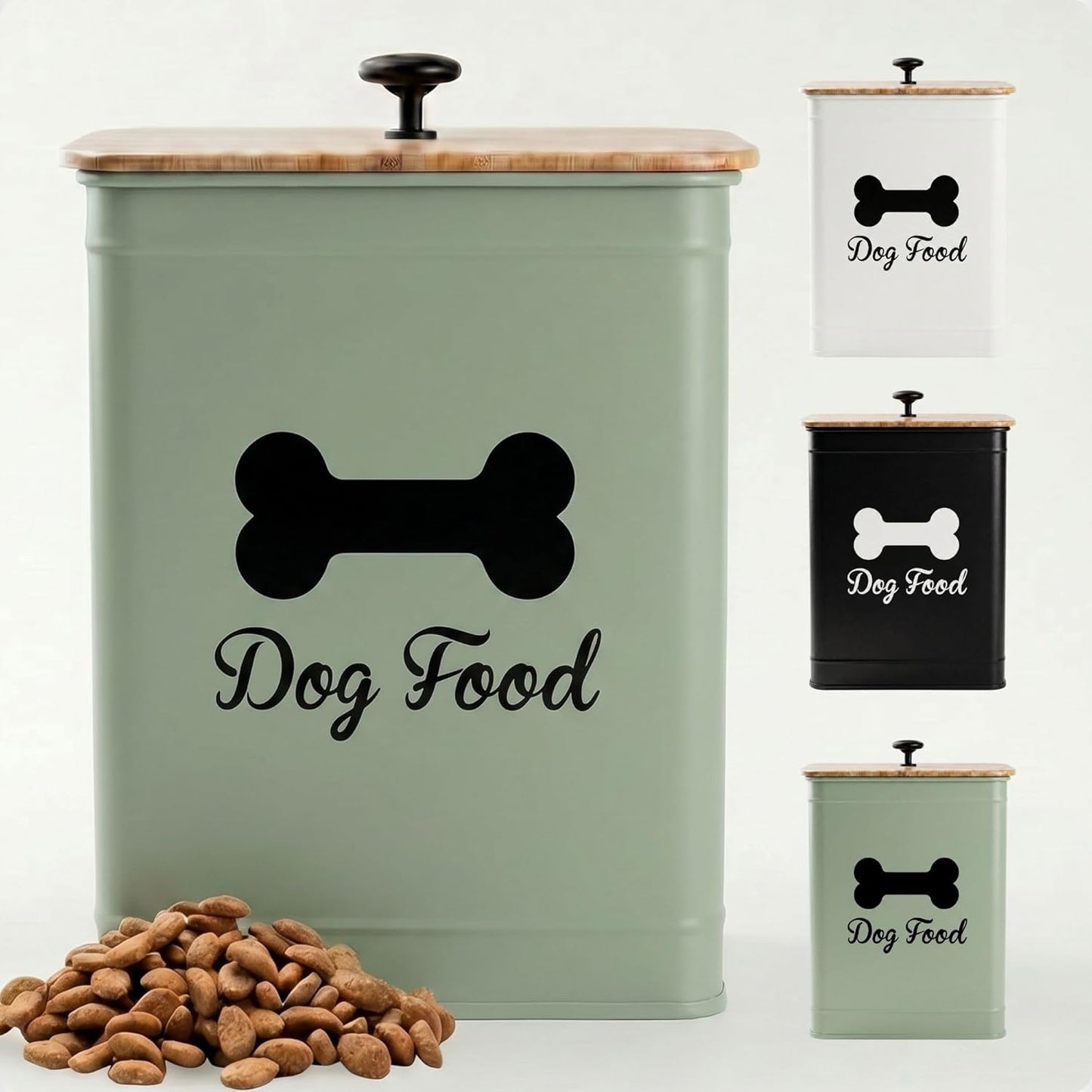 Dog Food Container Airtight 5-7 lb (25 Cup) Capacity - Cute Airtight Dog Food Storage Container with Bamboo Lid & Sturdy Metal Handle - White Metal Kibble Storage Bin for Dogs up to 50 lbs - Pet Jar