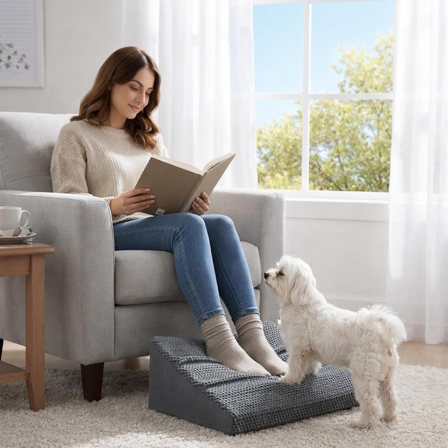 Dog Ramp for Stairs & Dog Ramp for Steps - Non-Slip Independent Foam Stair Pads for Small Dogs & Cats Under 30lbs, Fit Standard Stairs, Washable Cover (Gray, 4-Pack)