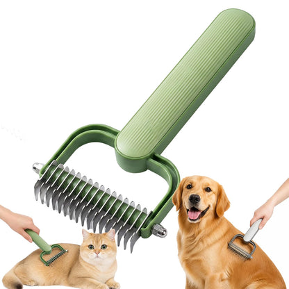 Double Sided Dematting Comb for Dogs and Cats – Undercoat Rake Pet Grooming Tool for Shedding, Tangles & Matted Fur, Stainless Steel Deshedding Brush for Long Haired & Thick Coat Pets (Green & Gray)
