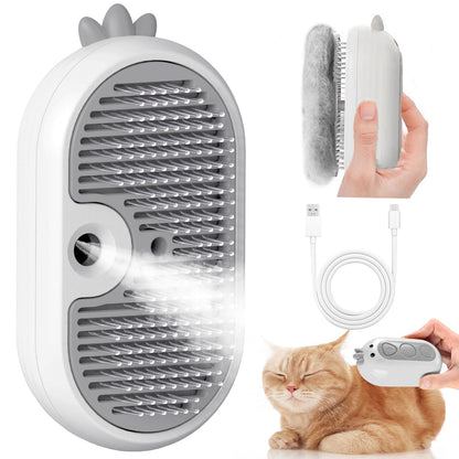 Double-Sided Pet Deshedding Dematting Comb & Steam Brush with 2 Spray Levels, Extra-Wide Detangling Undercoat Rake for Long-Hair Dogs & Cats Matted Fur, Knots, Rechargeable Grooming & Massage Tool