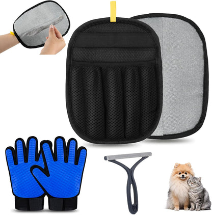 3 Pack Pet Hair Removal Tools for Dog & Cat, Five-Finger Pet Hair Remover Gloves, Deshedding Massage Gloves for Shedding Bathing, 2-Sided Hair Remover Brush for Furniture Bed Clothing Carpet Rake