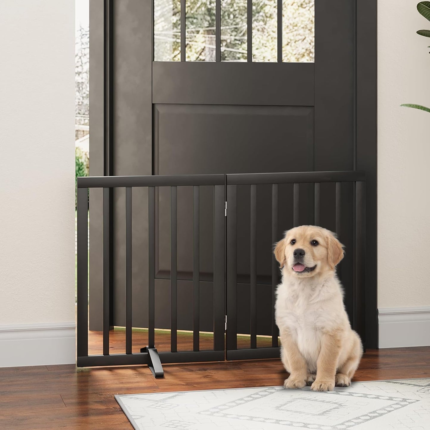 Freestanding Foldable Dog Gate - 4 Panel Room Divider with Metal Support Feet (Black)