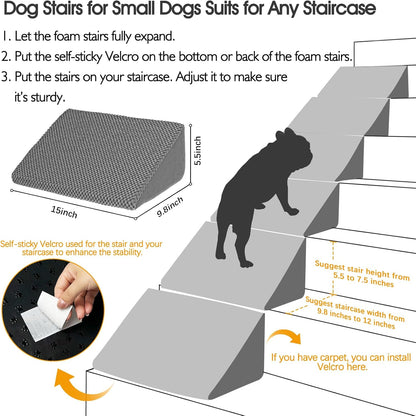 40D Dog Ramp for Stairs for Small & Senior Dogs and Cats – Non-Slip Stair Ramp for Dogs with Gentle Slope, Pet Ramp with Washable Cover & Self-Sticky Pads for Safe Climbing Easy Install(Grey, 3 Pack)