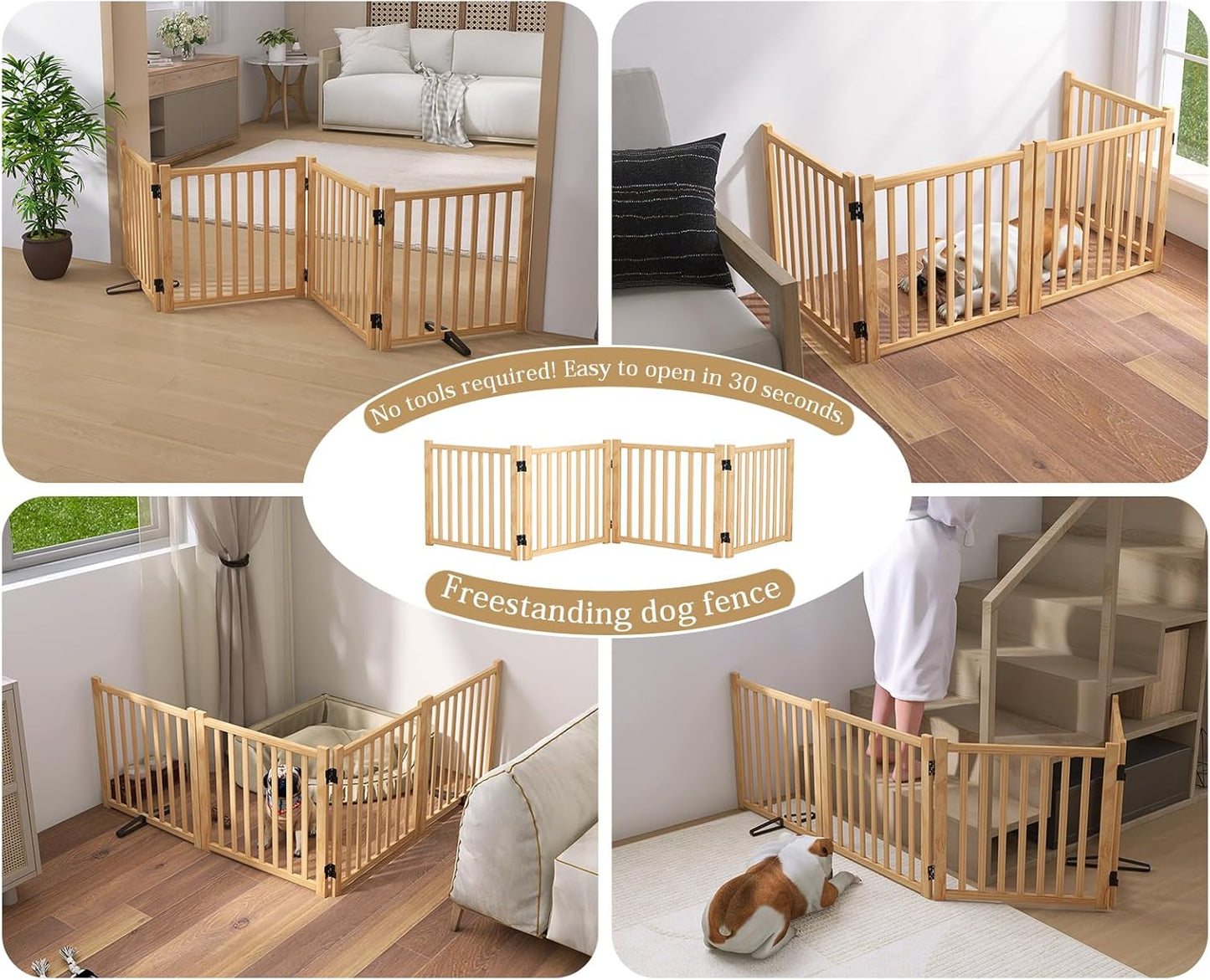 Wooden Freestanding Dog Gates,23" H Foldable Wood Pet Gate Indoor, No-Painted Puppy Gate for Doorways, Stairs, 23" Height-2 Panels