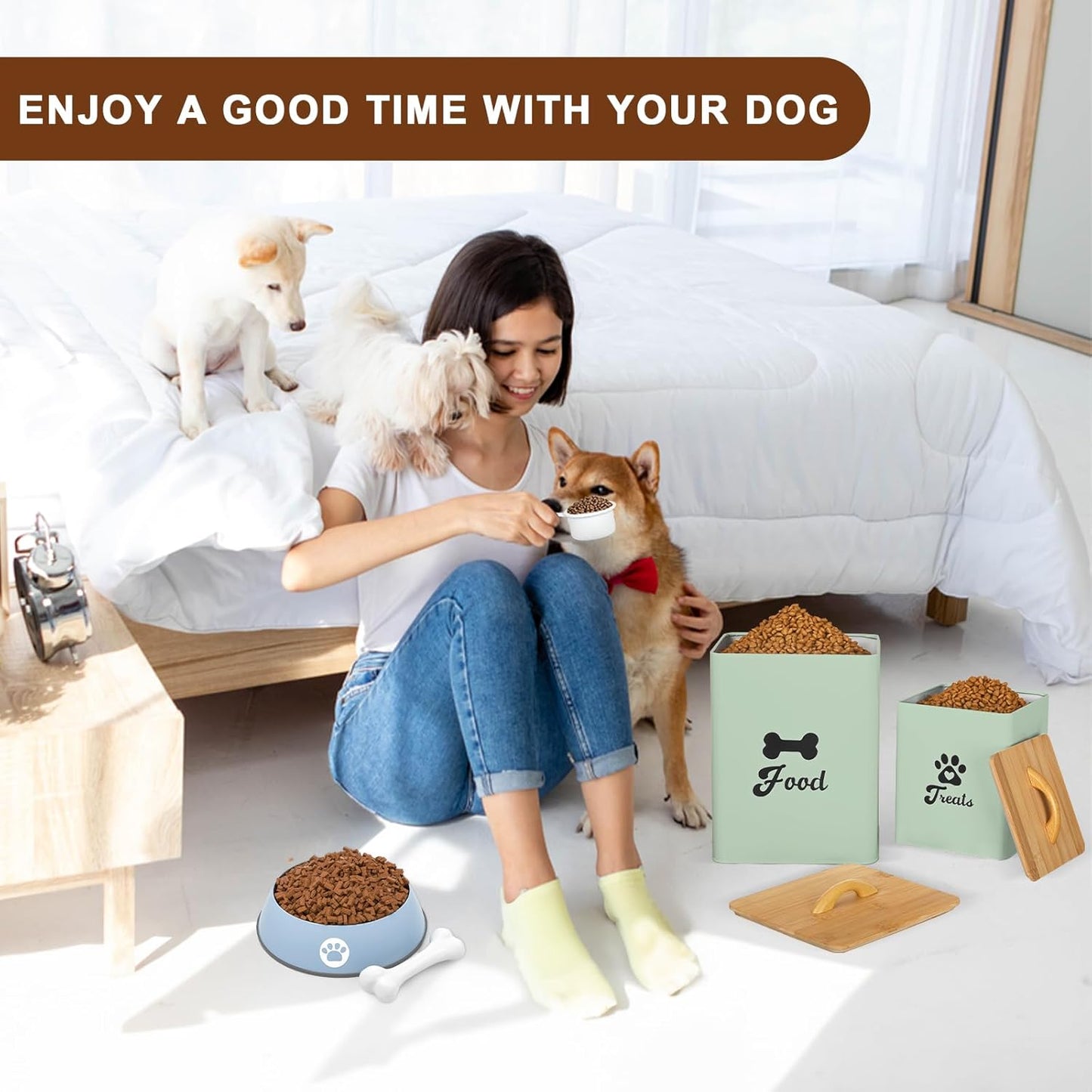 Dog Treat Container 2PCS, Dog Food Storage Container with Lids Airtight, Dog Treat Jars for Kitchen Counter-7+3Lbs, Small Dog Cookie Jar for Storage, (Upgraded) White