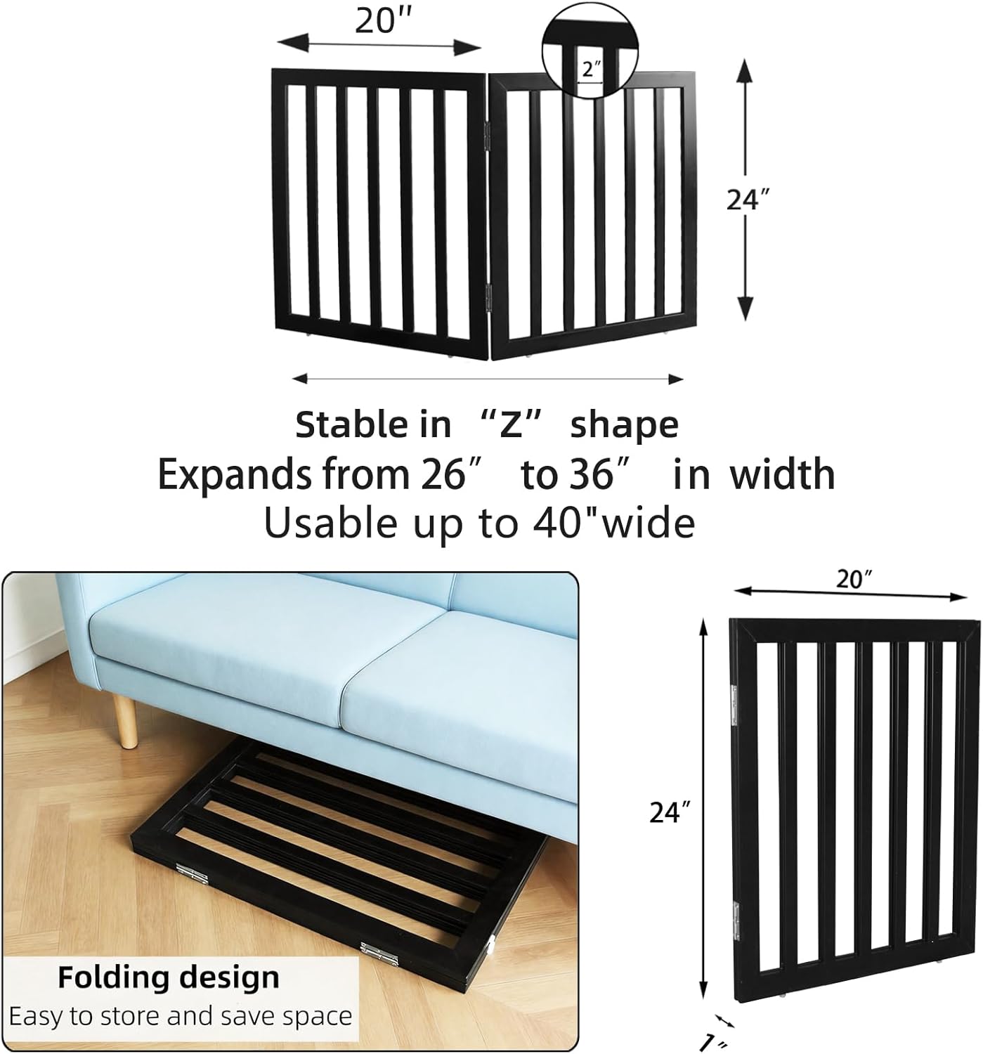 Dog Gate Indoor, Freestanding Dog Fence for The House, Doorways, Hallways,or Stairs,Pet Gate Foldable Wooden,Expandable 24" Height 3 Panels,White