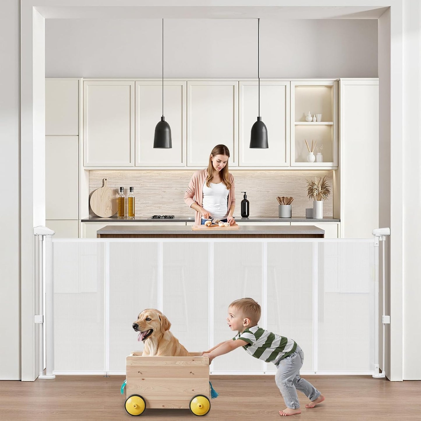 VEVOR Retractable Baby Gate, 34 inch Tall, Extends up to 110 inch Wide, Retractable Gate for Kids or Pets, Mesh Material, Easy to Install for Indoor Stairs, Doorways, Hallways, Playrooms, Gray