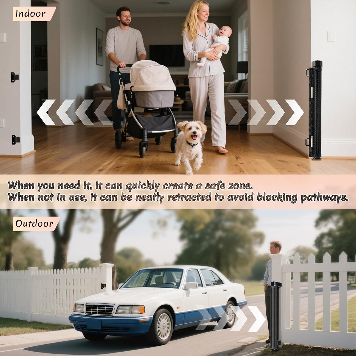 Miumoon 120 inch Retractable Baby Gates 34 inch Tall, Retractable Gate with Reinforced Strip Design to Prevent Crawling Through, 10 FT Extra Wide Retractable Dog Gate for Indoor/Outdoor