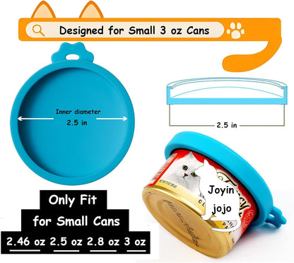 Joyinjojo Cat Food Can Lids with Cat Food Spoon, 4 Pack Small Silicone Pet Food Can Covers Lids for Cat Food Cans 3 oz, Multi-Functional Cat Spoon Can Opener Spatula for Canned Wet Food