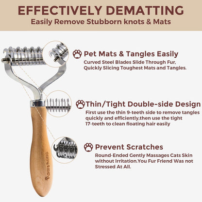 3-in-1 Professional Pet Shedding Dematting Comb - Deshedding Undercoat Rake for Dogs with Stainless Steel Blades Metal Pet Brush with Wood Handle Matted Hair Detangling Thinning and Shedding