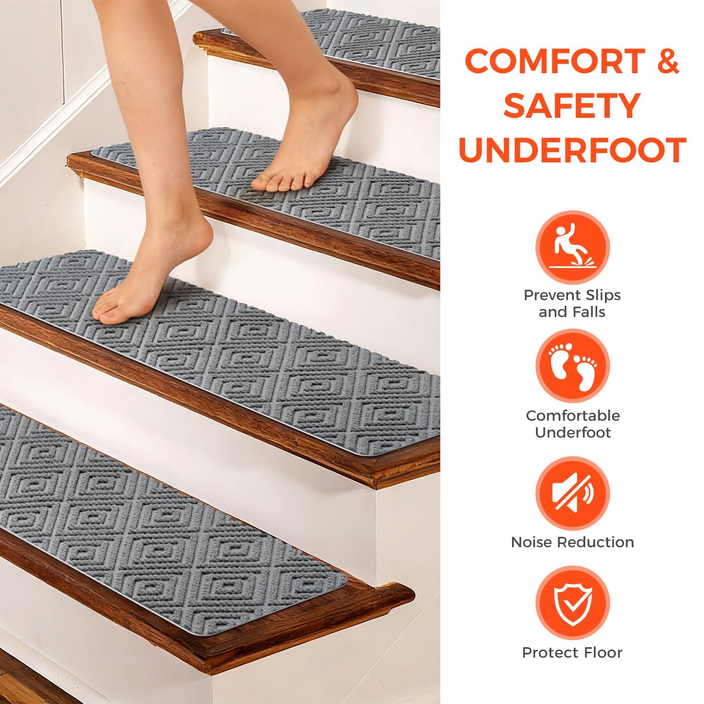 BAGAIL 15 Pack Non-Slip Stair Treads for Wooden Steps, 8"x30" Peel and Stick Carpet Stair Runners, Machine Washable Indoor Step Covers with No-Residue Adhesive for Dogs, Kids & Elderly - Dark Gray