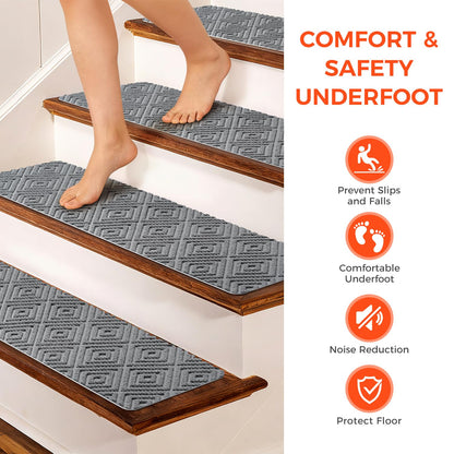BAGAIL 15 Pack Non-Slip Stair Treads for Wooden Steps, 8"x30" Peel and Stick Carpet Stair Runners, Machine Washable Indoor Step Covers with No-Residue Adhesive for Dogs, Kids & Elderly - Dark Gray