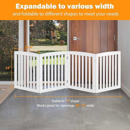 24 Inch Freestanding Indoor Retractable Dog Gate Pet Gate for Stairs, Hallways or Doorways 3 Panels Indoor Foldable Puppy Dog Fence Wooden Safety Fence, White