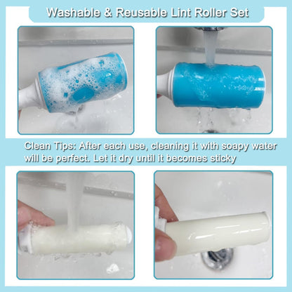 Reusable Washable Lint Roller 4 Pack, Sticky Gel Lint Rollers, Cat Dog Pet Hair Lint Remver Cleaner for Clothes, Carpet, Travel, 2 Large Roller with Dust Cover and 2 Mini Portable Small Lint Brush