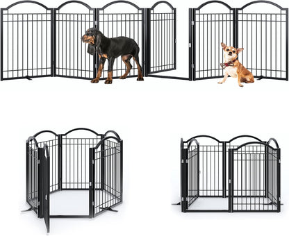 BHG Metal No-Assembly Freestanding Dog Gate with Door Walk Through, Extra Wide 144", Extra Tall 32" Pet Gate, Accordion Puppy Folding Playpen Dog Fence, with 2PCS Support (Black, 6 panesl)