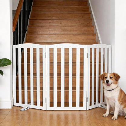 Freestanding Dog Gate Indoor,Doggie Gate Foldable Pet Gates for Doorways,Stairs or Hallways, Wooden Brown Pet Gate for the House, Pet Fence with Support Feet Included,24 "Height-3 Panels