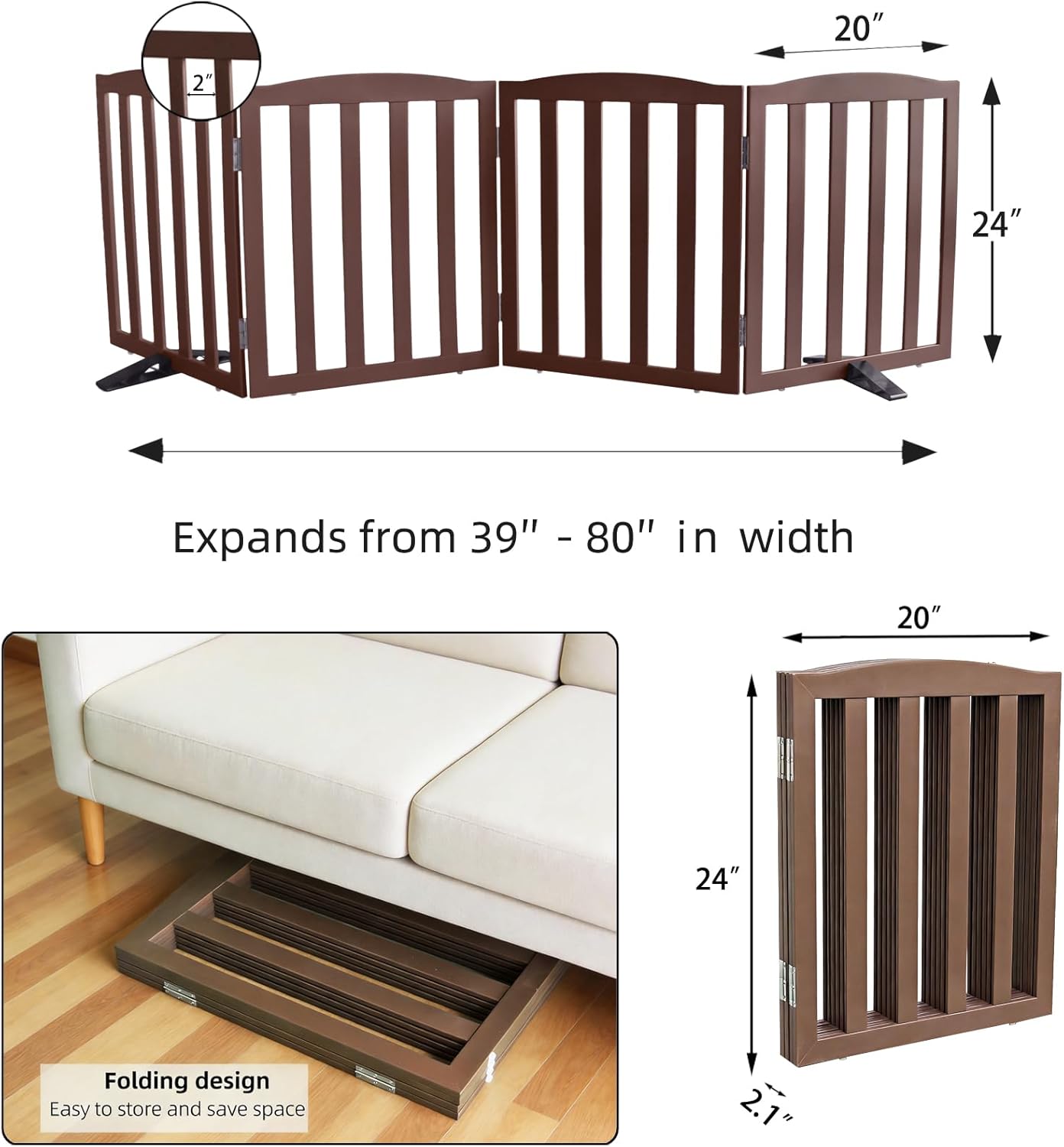 Freestanding Dog Gate Indoor,Doggie Gate Foldable Dog Gates for Doorways,Stairs or Hallways, Wooden White Pet Gate for the House, Pet Fence with Support Feet Included,24 "Height-4 Panels