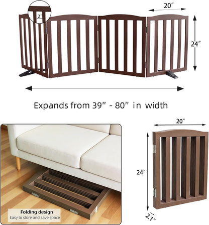 Freestanding Dog Gate Indoor,Doggie Gate Foldable Pet Gates for Doorways,Stairs or Hallways, Wooden Brown Pet Gate for the House, Pet Fence with Support Feet Included,24 "Height-3 Panels