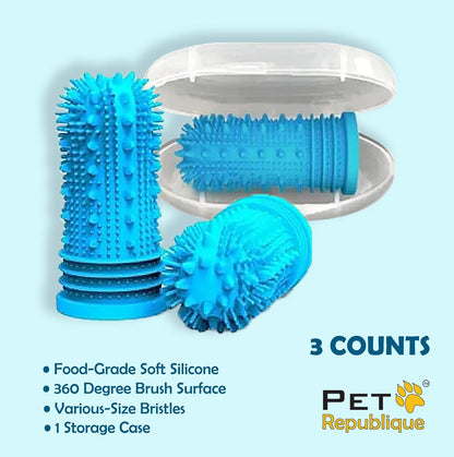 Pet Republique 360 Degree Finger Toothbrush for Dogs and Cats – Full Surround Silicone Bristles (3-Count & 1-Storage Case)