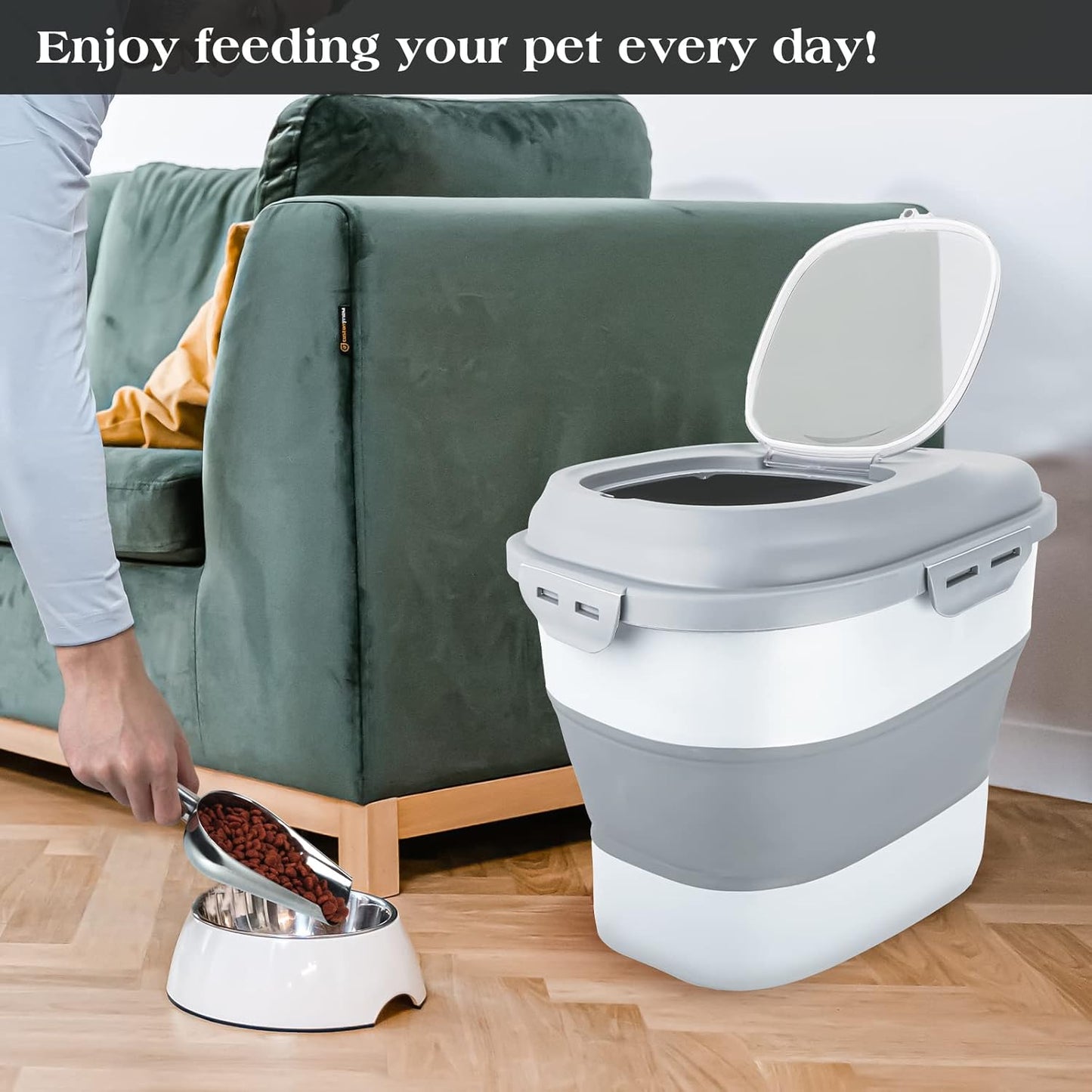 TIOVERY Dog Food Storage Container, Airtight Collapsible 13lb to 30lb Pet Food Container with Flip Top, Rolling Wheel, Scoop and a small container for Dog Cat Food and Dry Food of Rice, Flour