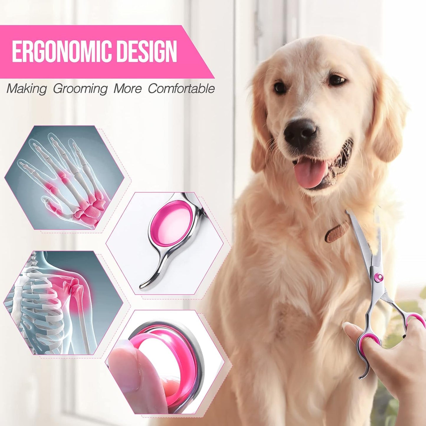 Gimars Titanium Coated Professional 6 in 1 4CR Stainless Steel Dog Grooming Scissors with Safety Round Tip, Heavy Duty Pet Grooming Scissor for Dogs, Cats and Other Animals