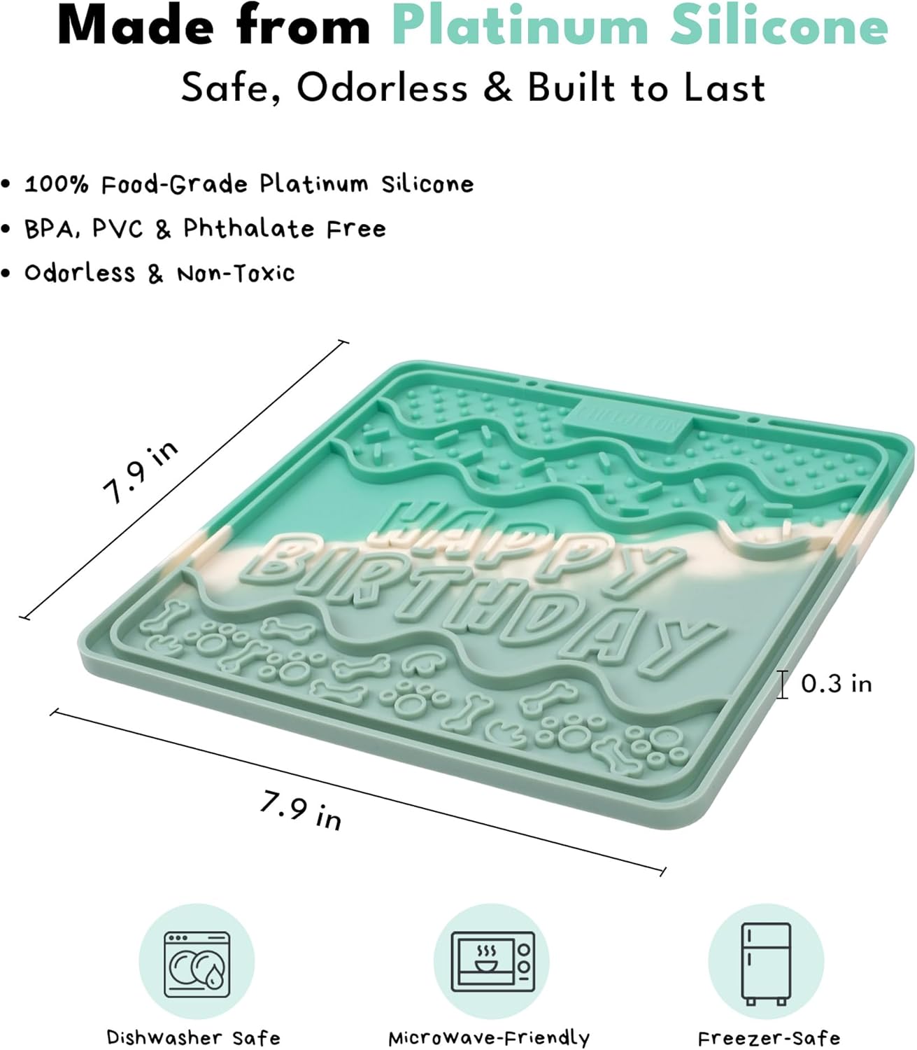 CHEWFFON Birthday Lick Mat for Dogs and Cats, Silicone Licking Pad with Suction Cups for Anxiety Relief, Interactive Slow Feeder for Dog Treats - Bathing & Grooming Distraction Toy, Seafoam Mist