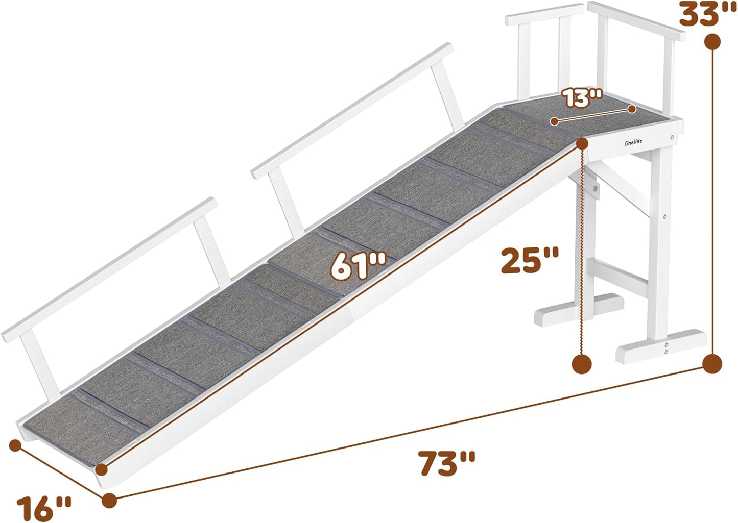 Onelike Wooden Dog Ramp for Bed with Removable Side Rail and Non-Slip Carpet, Stable Pet Ramp Stair for Couch Sofa for Small & Large & Senior Dogs, 74" Long Ramp Brown