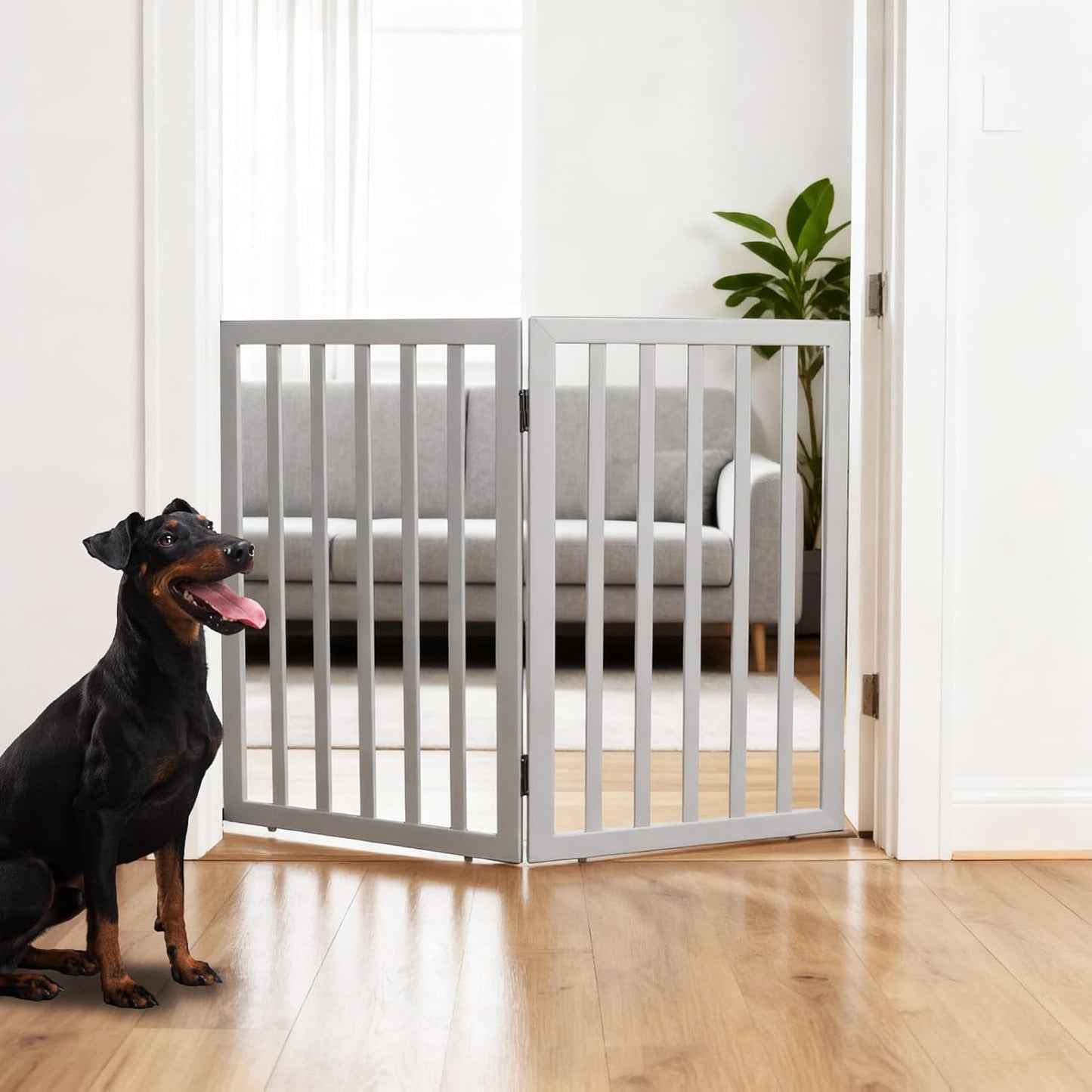 ZJSF Freestanding Indoor Dog Gate for House Foldable Wood Brown Puppy Gate for Doorways Pet Gate for Stairs Extra Wide Pet Fence 24" Height 2 Panels