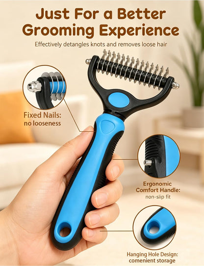 Dual-Sided Pet Grooming Comb for Dogs & Cats – 2-in-1 Dematting Brush & Undercoat Rake for Long, Thick, Curly & Double-Coated Pets (2pcs-Pink)