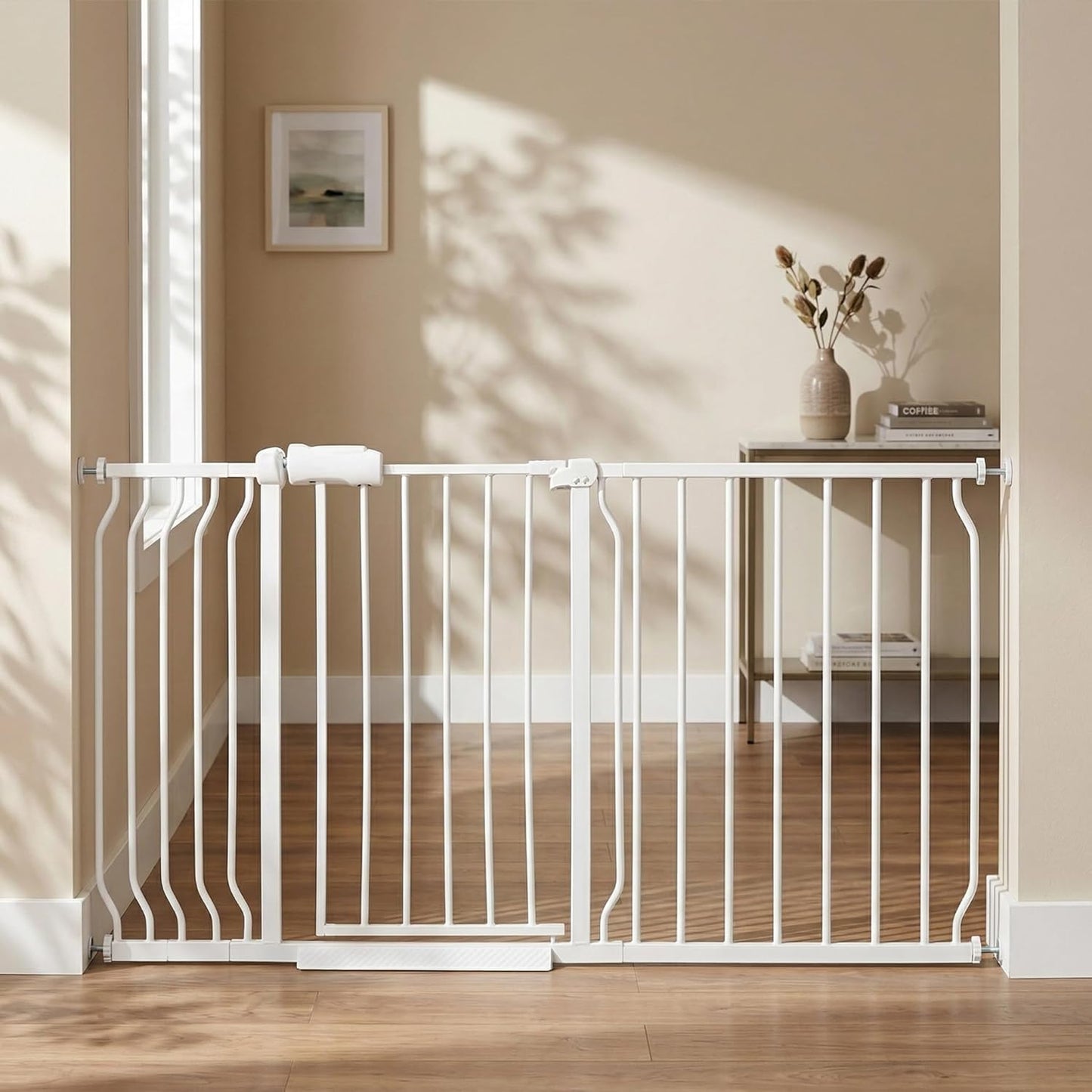 24-29 Inch Narrow Baby Gate, Pressure Mounted No Drilling Dog Gate for Stairs & Doorways, White Metal Safety Gate Indoor for Kids and Pets