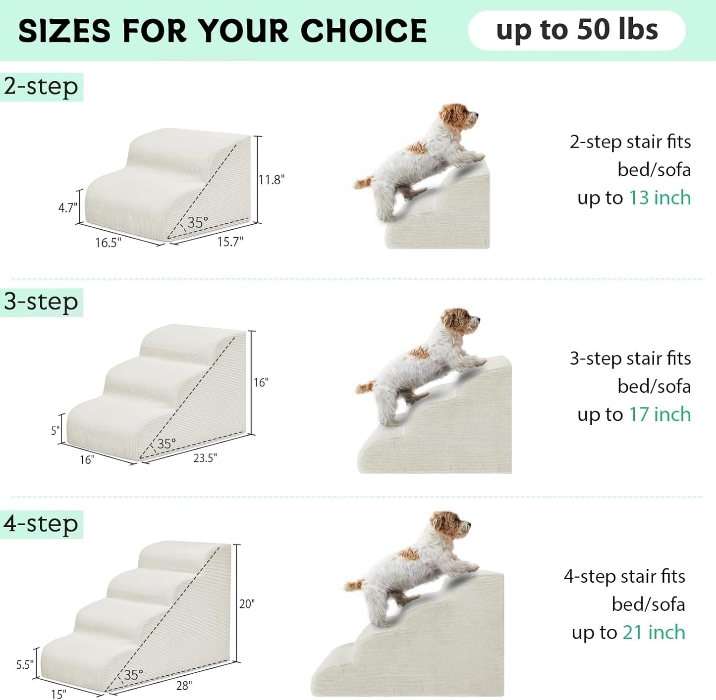 Mesa Lemon Dog Stairs & Steps for High Beds, 3 Steps High Density Foam Waterproof Dog Ramp for Small Dogs and Cats, Pet Stairs with Removable Washable Cover for Bed, Couch, Sofa and Car (H:16")