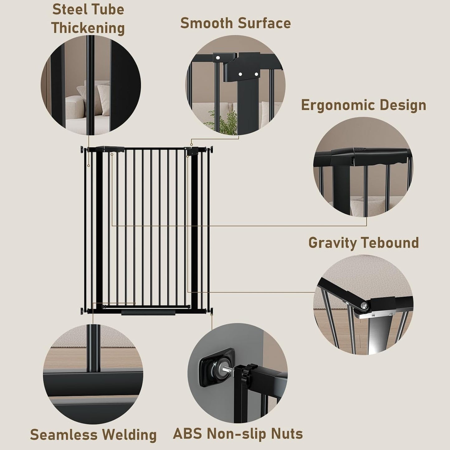 WAOWAO 40.55" Extra Tall 1.37" Ultra Narrow Spacing 53.74-61.61" Extra Wide Dogs Pets Baby Gate Safety Indoor Puppy Pressure Mounted Gate No Drill Black Metal for Stairs,Doorways,Kitchen,Hallway