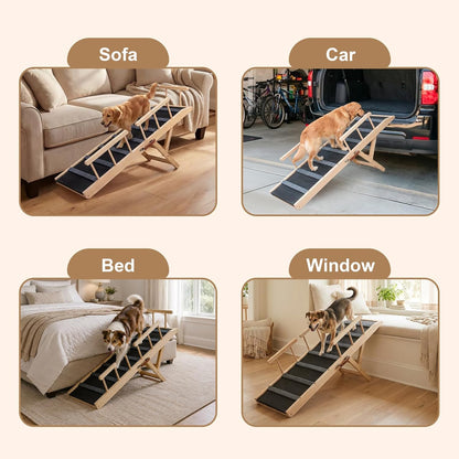 Dog Ramp for Bed, 43.5" Long Wooden Foldable Dog Ramp, 6 Adjustable Heights from 14" to 26" with Anti-Slip Traction Mat, Portable Pet Ramp for Car, Bed, Couch, Max 200lbs - 43.5inch