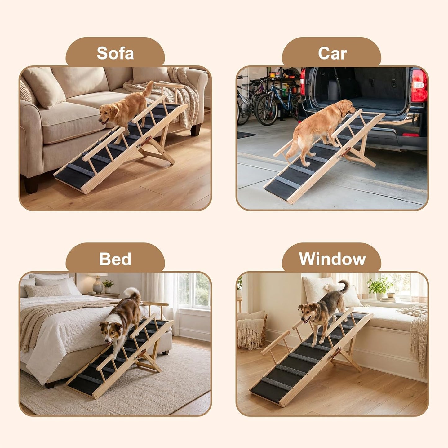 Dog Ramp for Bed, for Couch, 47.24" Long Wooden Pet Ramp for Small & Large Dogs to Get on Bed Couch Car Up to 200LBS, 4 Adjustable Heights (13.7"-24.6"), Foldable Dog Bed Ramp with Anti-Slip Surface