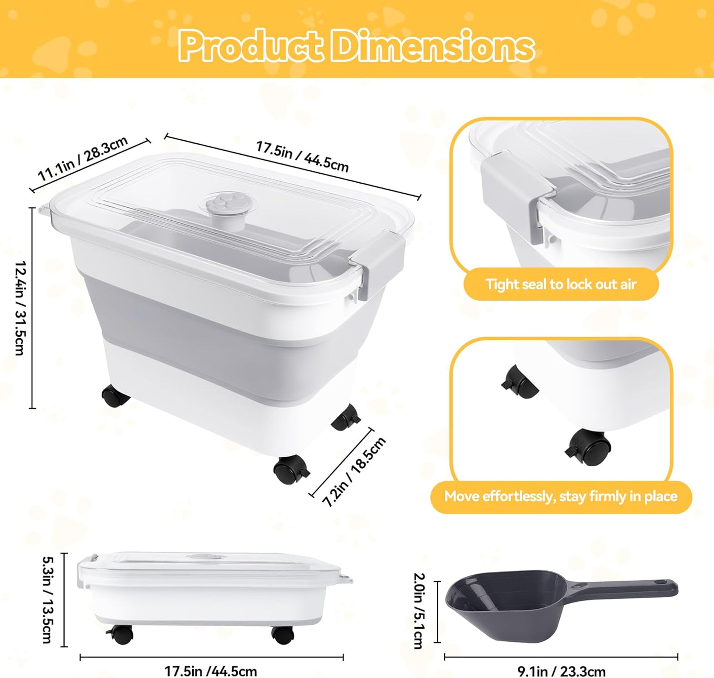 Dog Food Storage Container 30-40lbs, Airtight Pet Food Bin with Locking Lid & Clear Window, Collapsible Rolling Storage Container with Wheels & Scoop, Gray