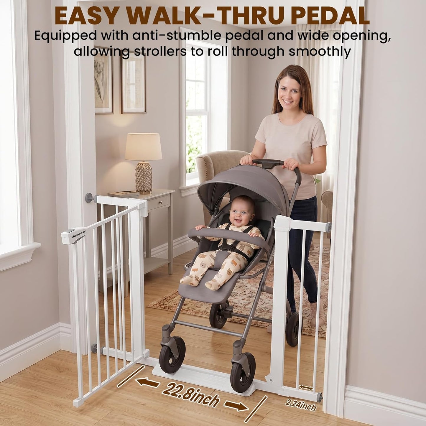 Mumeasy 29.7-46" Baby Gate for Stairs, Pressure Mounted Dog Gate for Doorways, Auto Close Walk Through Pet Gate Indoor, Extra Wide Metal Child Safety Gate, Mom's Choice Awards Winner, Black