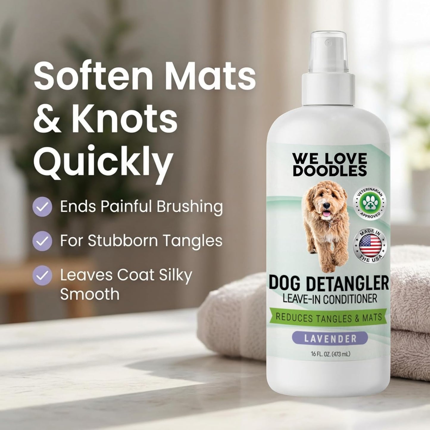 We Love Doodles Dog Comb (2 Packs) & Lavender Detangler Spray 16oz – Pet Grooming Essentials, Stainless Steel Rounded-End Dematting Metal Comb for Dogs, Dog Leave-In Conditioner Spray for Detangling