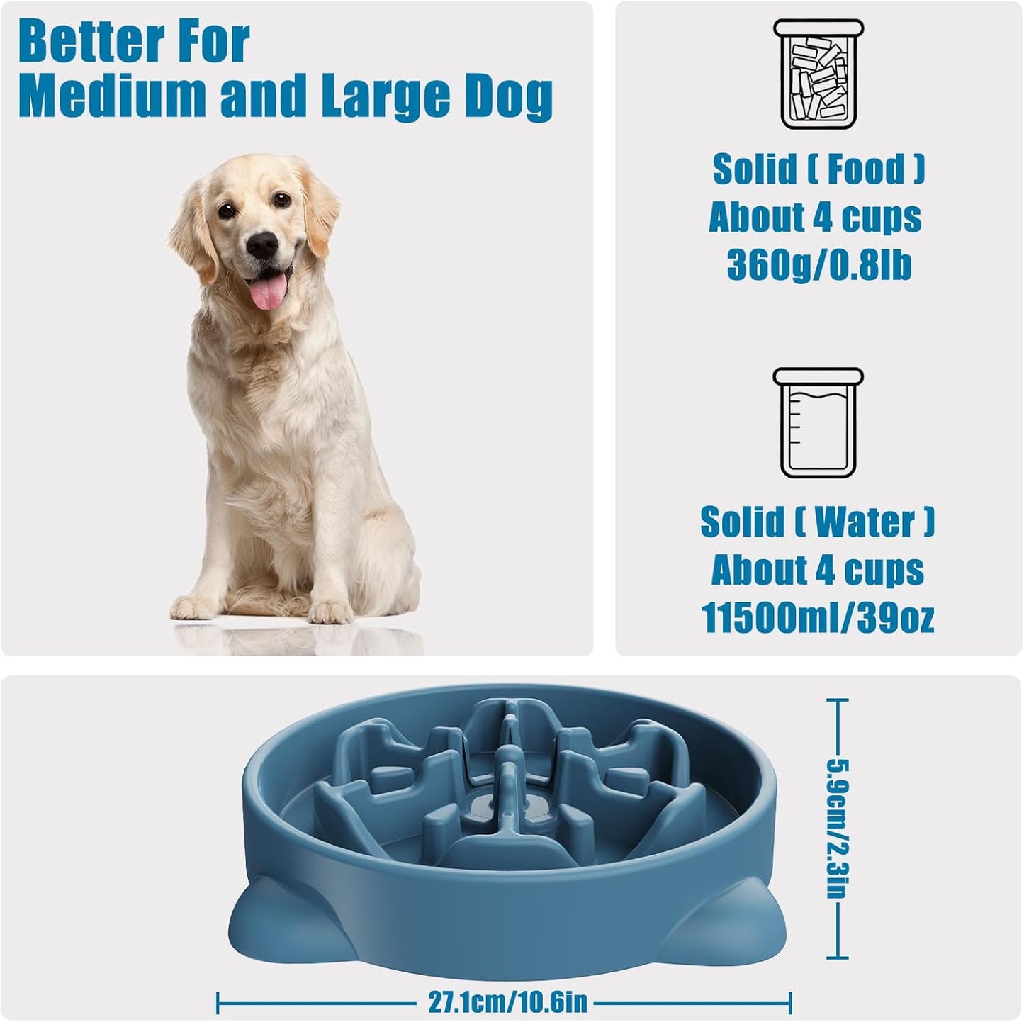 Slow Feeder Dog Bowls Small Breed, Dog Food Bowl Small Anti-Choking Bloat Stop Puzzle Healthy Eating Bowl (Blue, 1 Cup)