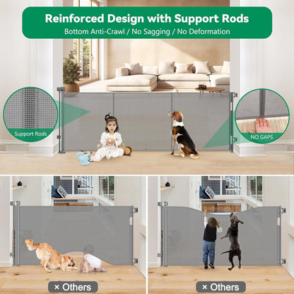 Reinforced 85 Inch Wide Retractable Dog Gate Extra Long Baby Gate with Support Rods – Prevent Crawling Under, Indoor Extra Wide Retractable Baby Gate Retractable Gate Outdoor Gates for Decks, White