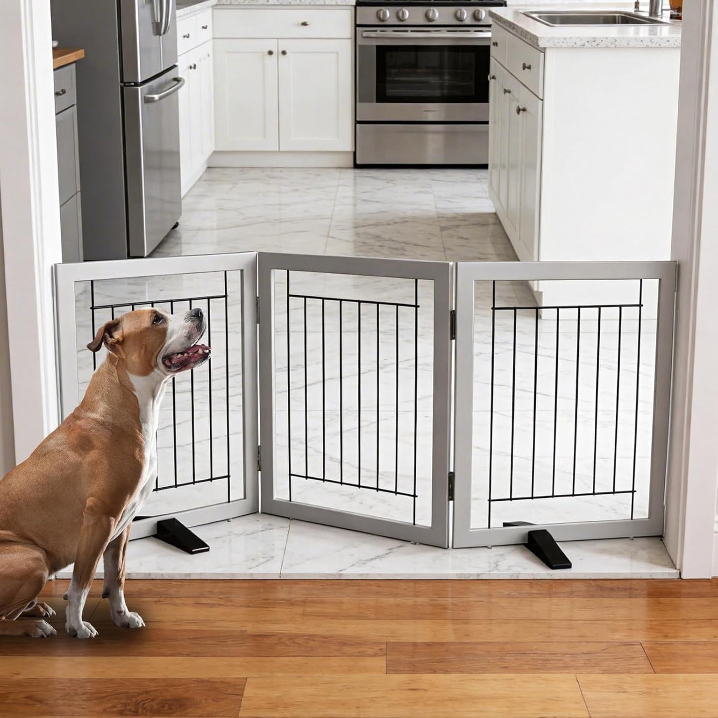 ZJSF Freestanding Dog Gate Indoor, Foldable Dog Fence for Doorways,Hallways or Stairs, Sturdy Wood Extra Wide Pet Gate with Support Feet,Black,24 "Height-3 Panels
