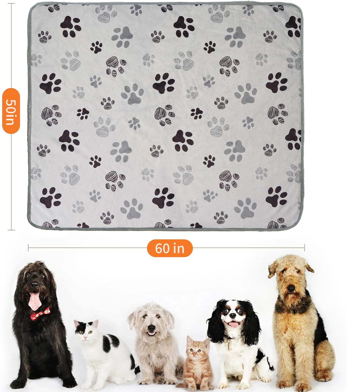 Waterproof Dog Blankets Pet Blanket 50"x60", Soft Fluffy Sofa Car Bed Protector, Reversible Sherpa Fleece Dog Blanket for Large Dogs (Dark Grey-Paws)