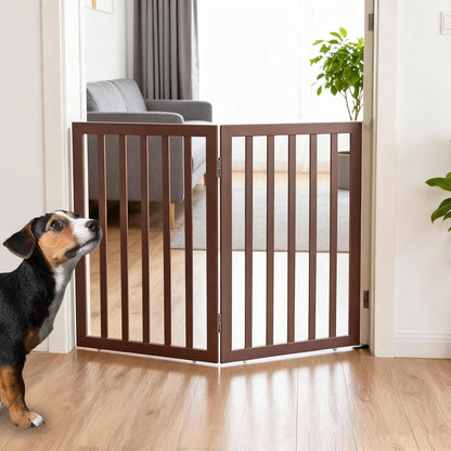 ZJSF Freestanding Indoor Dog Gate for House Foldable Wood Brown Puppy Gate for Doorways Pet Gate for Stairs Extra Wide Pet Fence 24" Height 2 Panels