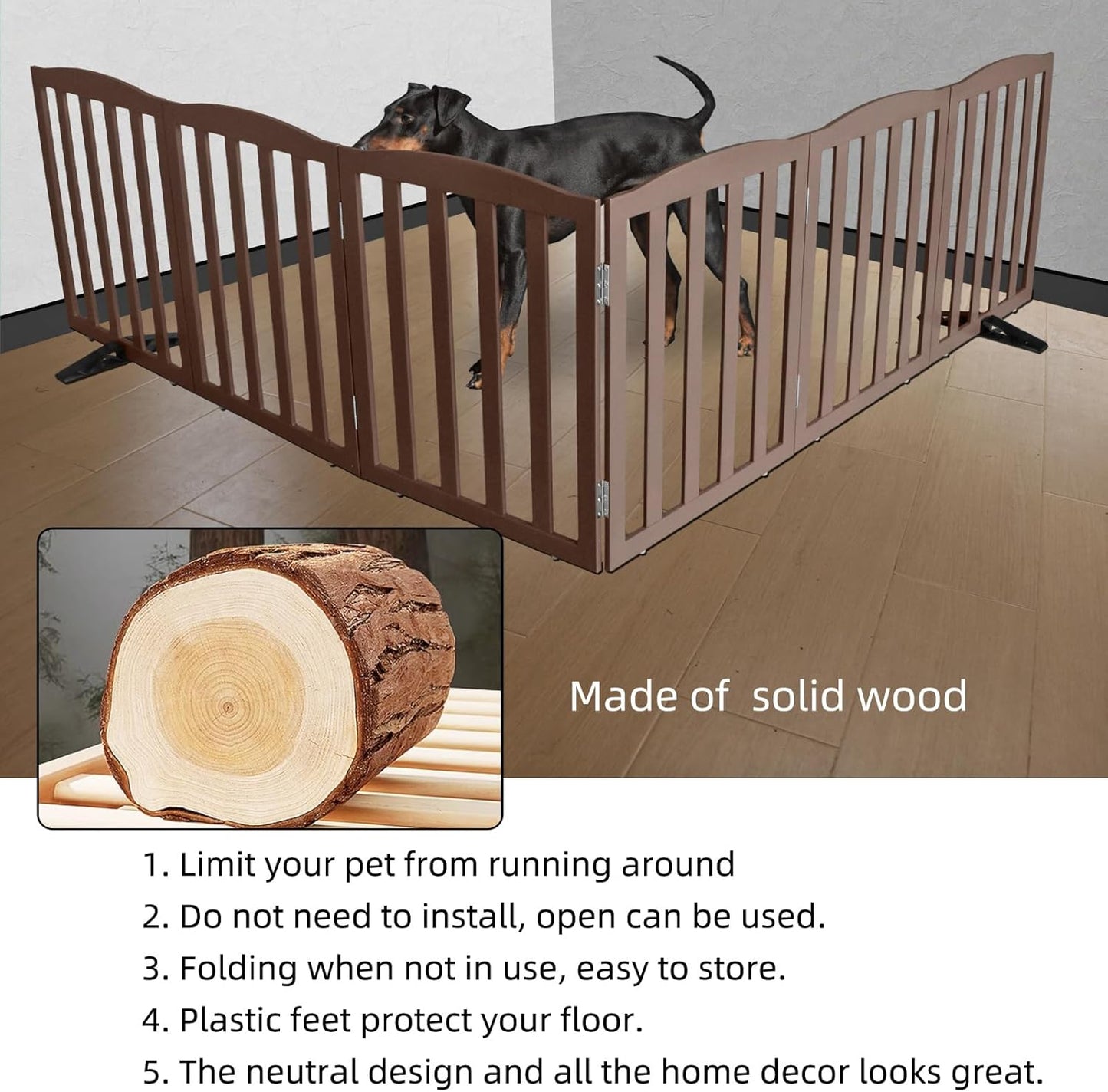 ZJSF Foldable Freestanding Indoor Dog Gate for House Wood White Long Pet Gates Dog Fence for Stairs Puppy Gates for Hallways,Pet Fence, Puppy Gate,Support Feet Included 24 "Height-3 Panels
