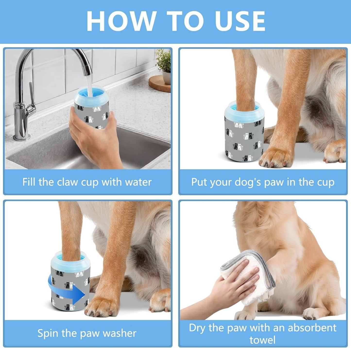 Black White Cats Gray Print Dog Paw Cleaner Cup with Soft Silicone Brush, Portable Lightweight Small Muddy Paw Washer for Dogs, Easy to Use Pet Foot Cleaner