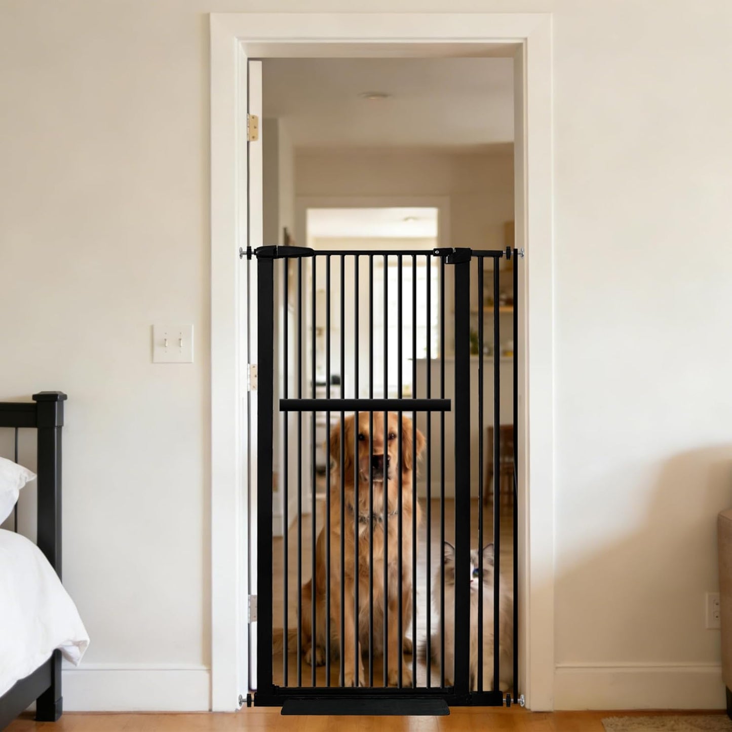 Lumizone Extra Tall Cat Gate 61.02" High Pressure Mounted Extra Wide 30.12"-34.05" (17Sizes) 1.37" Gap No Drilling Auto-Close Tall Pet Gate for Dogs (Black, 30.12"-34.05" W)