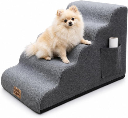 4-Step Dog Stairs for Small Dogs & Cats, 13.8" H Non-Slip Pet Steps with Side Storage Pocket, Sturdy High Density Foam Dog Ramp for Sofa, Couch & Chair, Washable Cover, Grey