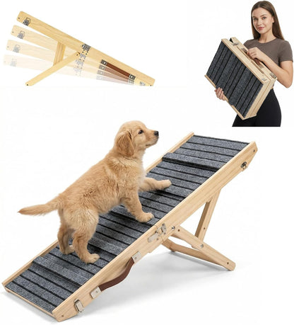 Dog Ramp for Sofa, Couch – Foldable Wooden Pet Ramp with 4 Adjustable Heights, Anti-Slip Surface & Safety Support for Small Dogs, Senior Pets with Joint Pain – Portable Pet Steps Stairs (S)